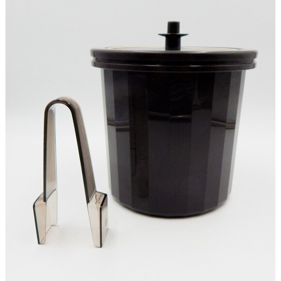 Tupperware 3-Piece Ice Bucket Mocha Brown 1683-5 1684-6 W/Tongs Push Button Lid - Picture 2 of 12